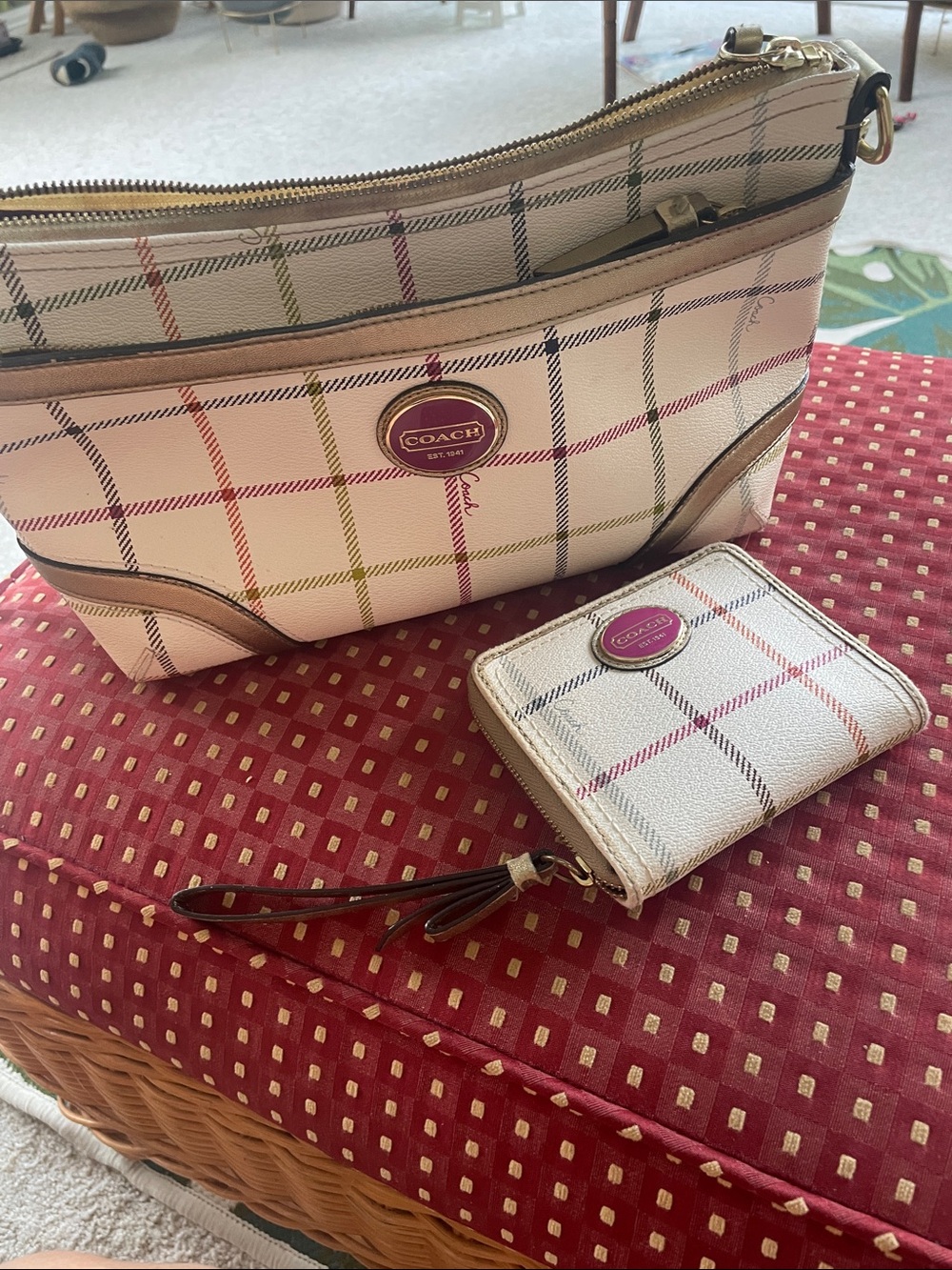 Coach Peyton Tattersall Plaid shoulder Bag/matching wallet